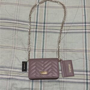 bebe Quilted Mauve Crossbody with Gold Chain Strap and Logo Tag